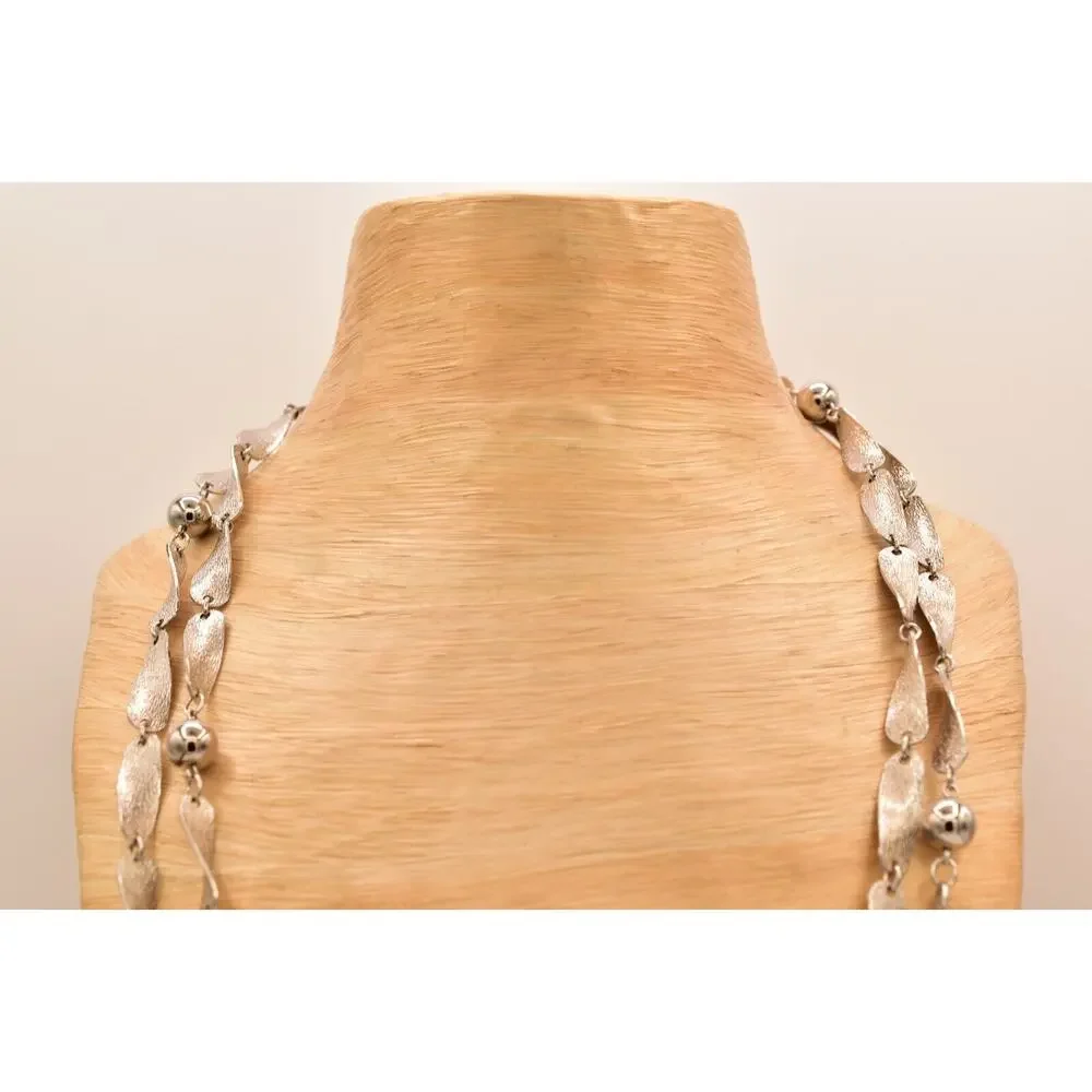 Vintage Linked Necklace Silver Tone Metallic Long Chunky Textured 1980s BinBE
